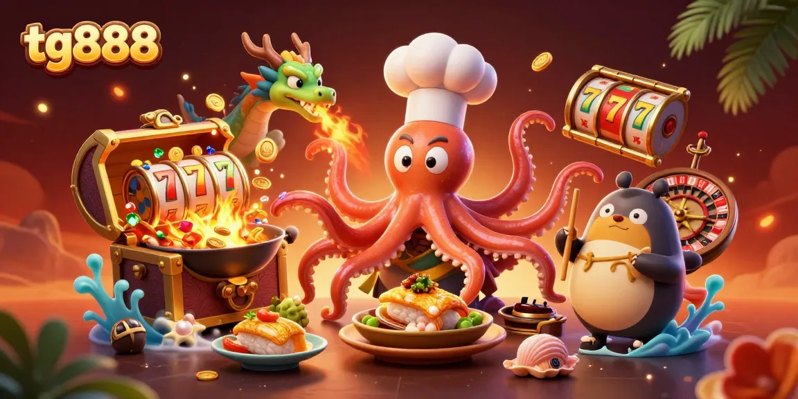 Tg888 brings players to a vibrant casino scene, featuring a sushi chef octopus and dragon amidst slot reels and gold.