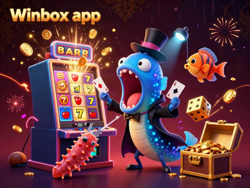 Experience the Winbox app with an engaging illustration of a fantasy casino scene, featuring vibrant characters and jackpot elements.