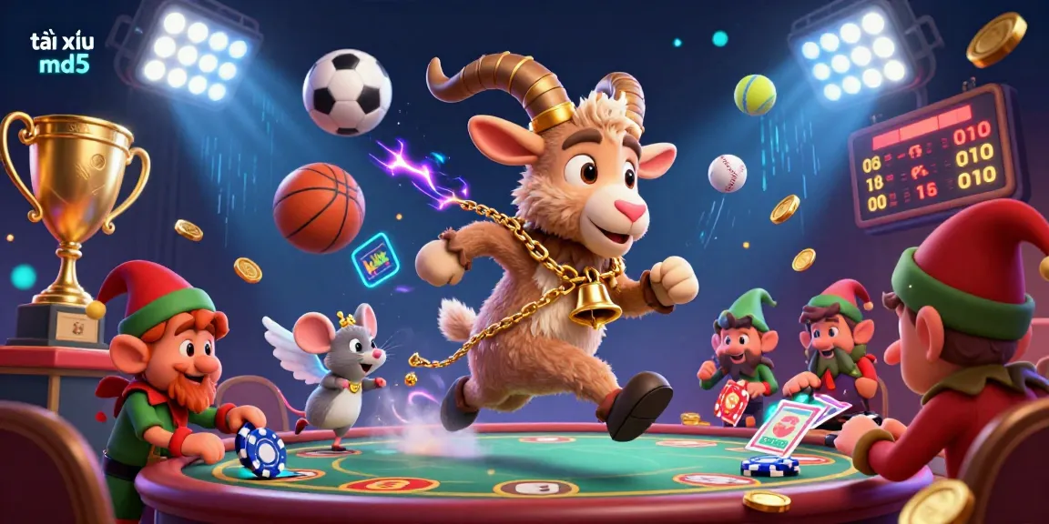 Engage in thrilling action at the tài xỉu md5 casino, featuring lively cartoon characters and vibrant displays of dynamic sports and betting elements.