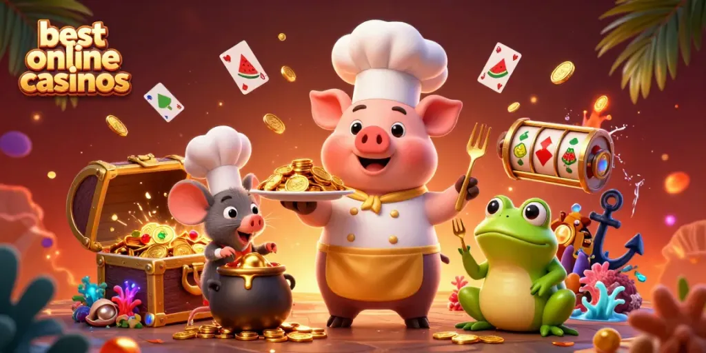 Experience the best online casinos through our vibrant 3D illustration featuring playful casino-themed characters and dynamic gaming elements.