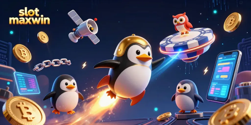 Engage with slot maxwin while watching a vibrant 3D illustration of a golden penguin in a cosmic casino adventure.