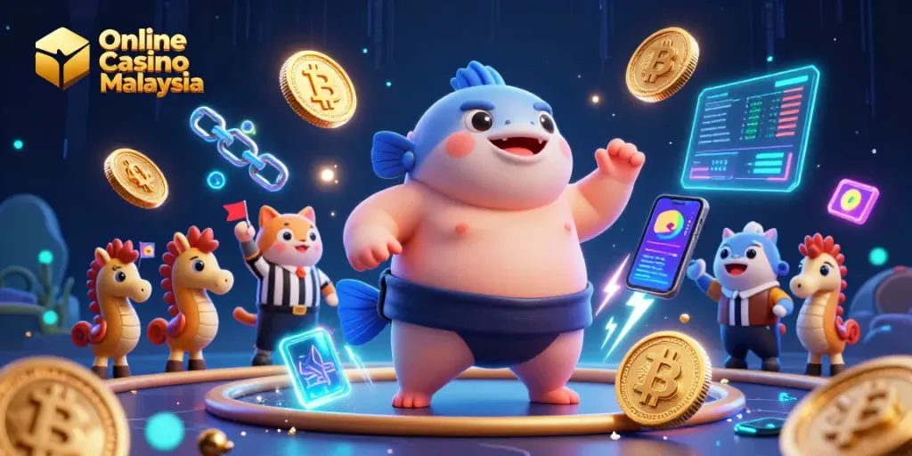 Engage with Online Casino Malaysia showcasing vibrant 3D characters and cryptocurrency elements