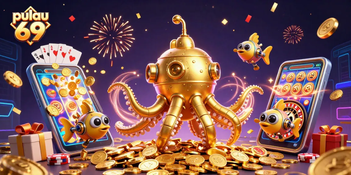 Engage with pulau 69 action in a vibrant casino setting filled with gold coins and lively characters.