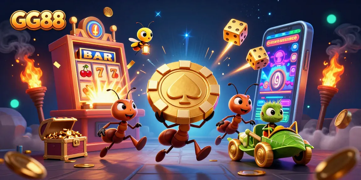 Win big with GG88 as ants carry a giant poker chip through a vibrant casino adventure.