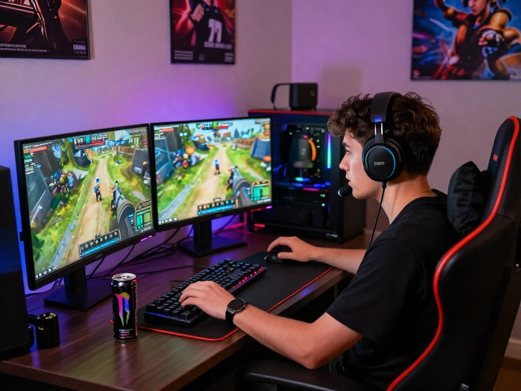 Engaged gamer at mpocash.blog playing on dual monitors, RGB lights creating an immersive atmosphere with gaming accessories.