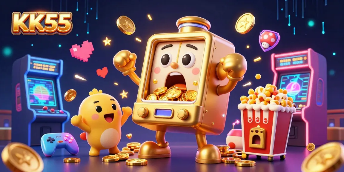 KK55 slot machine surprises with coins in a lively casino scene, showcasing thrilling gameplay.
