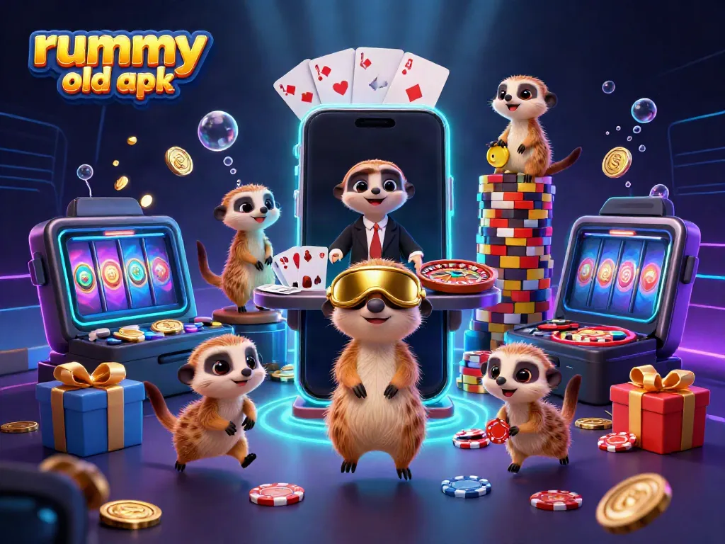 Menangkan pengalaman bermain Rummy Old APK dengan aksi lucu meerkat dan elemen kasino penuh warna.