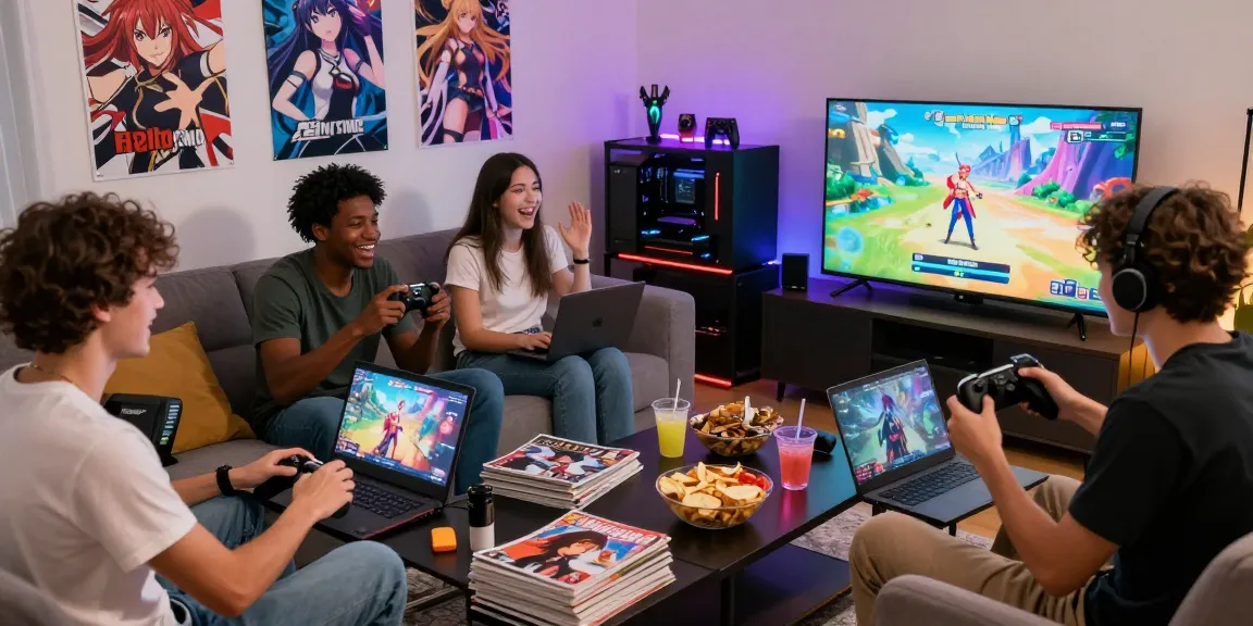 Friends enjoying hentai games together in a cozy living room with snacks and gaming devices.
