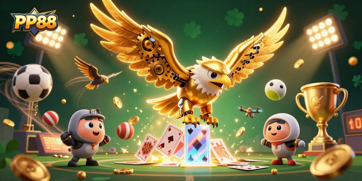 Experience exciting gameplay at PP88 with a cybernetic eagle diving through holographic cards amidst vibrant sports elements.