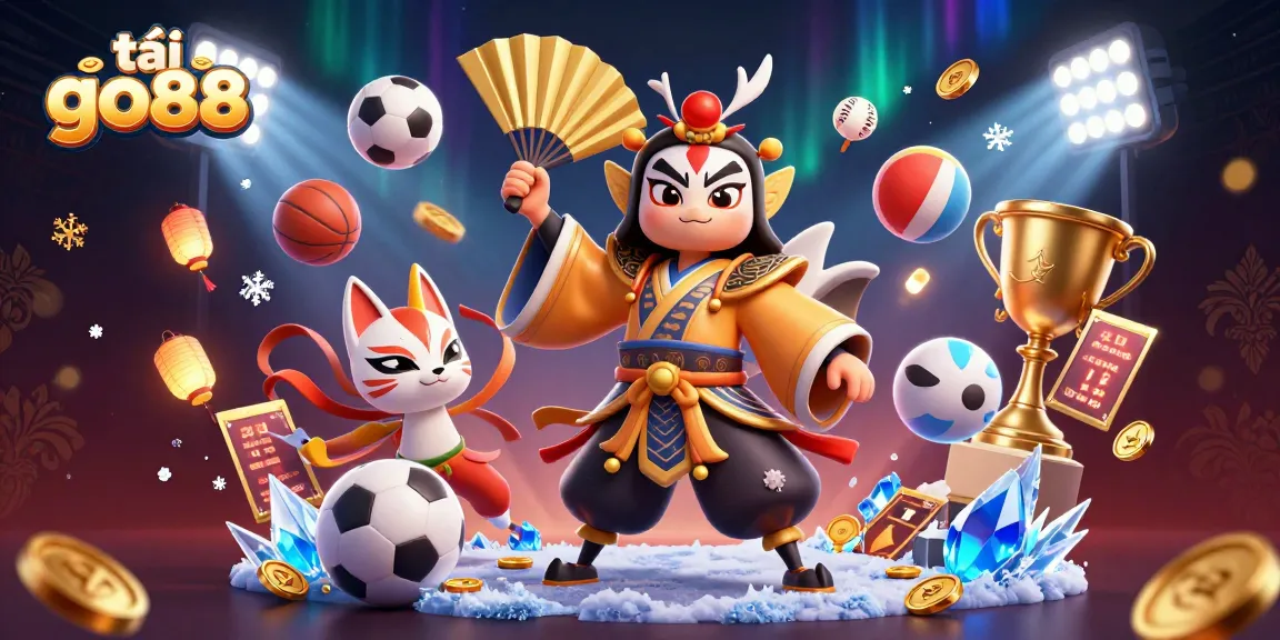 Experience dynamic gaming action with tải go88 in a vibrant 3D scene featuring traditional characters and sports elements.