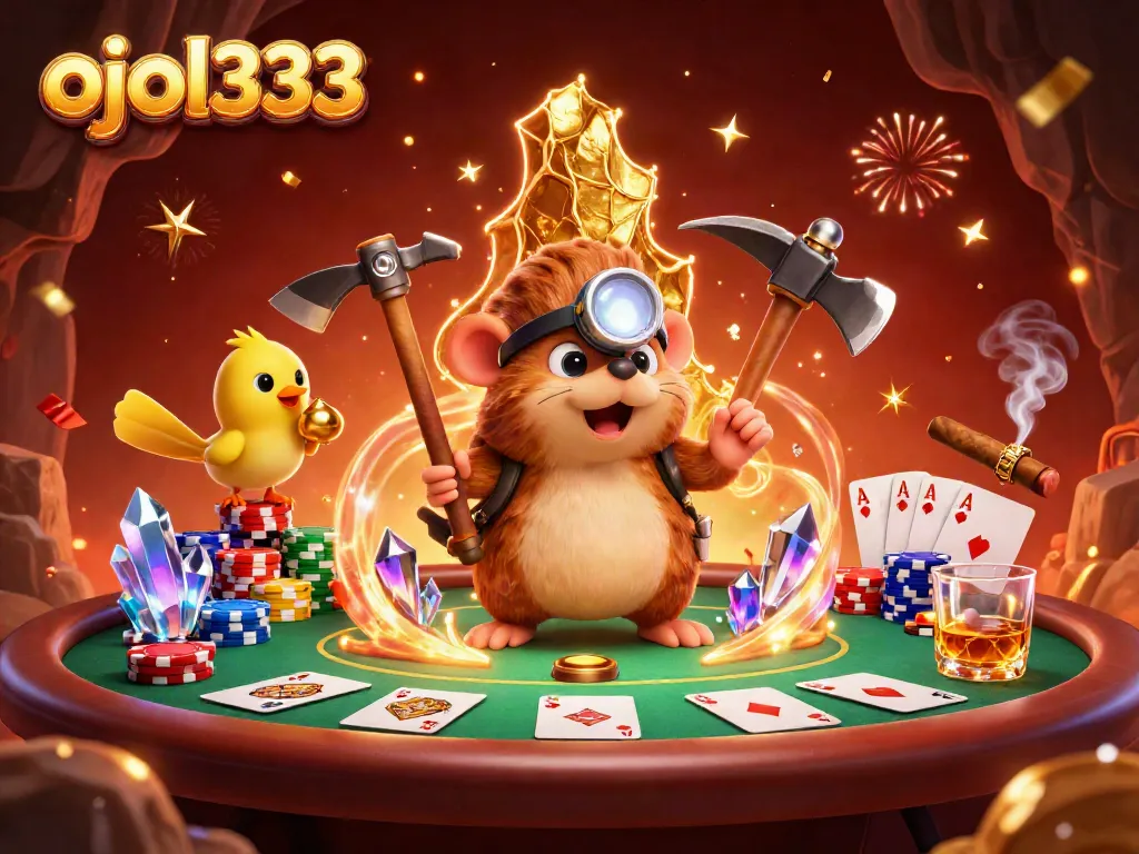 Engage with ojol333 in a vibrant casino scene featuring colorful poker elements and animated treasures.