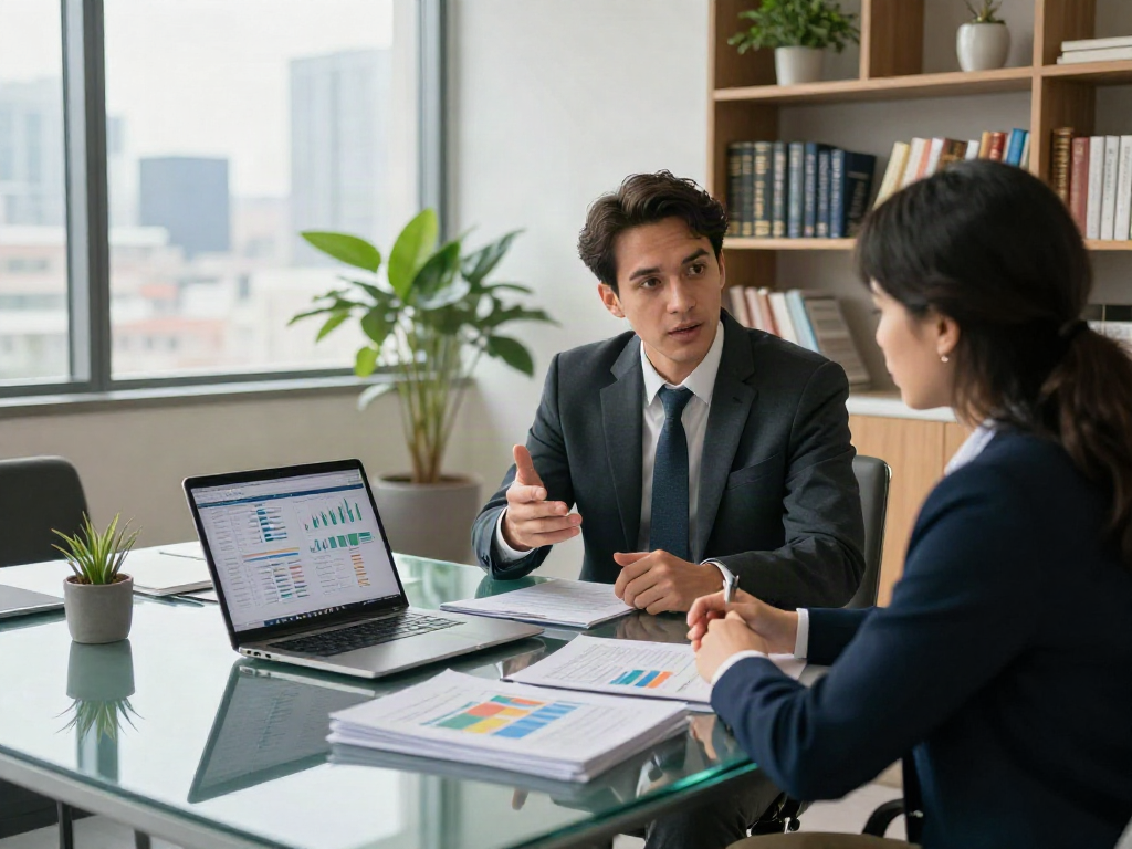 Professional financial advisor discussing deposit 10k strategies with a client.