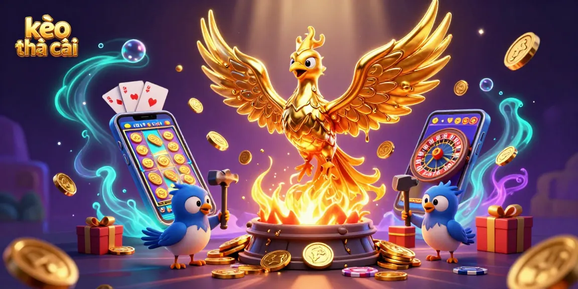 Experience thrilling kèo nhà cái with a dynamic 3D illustration featuring a golden phoenix and engaging casino elements.