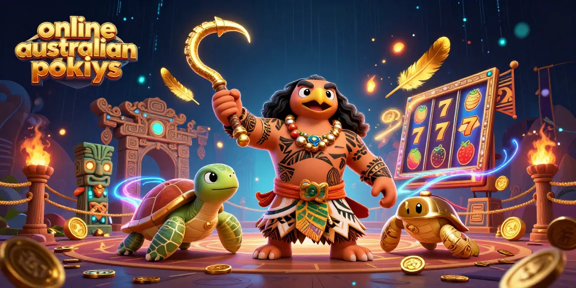 Play online Australian pokies with vibrant characters and dynamic casino elements in a colorful 3D illustration.