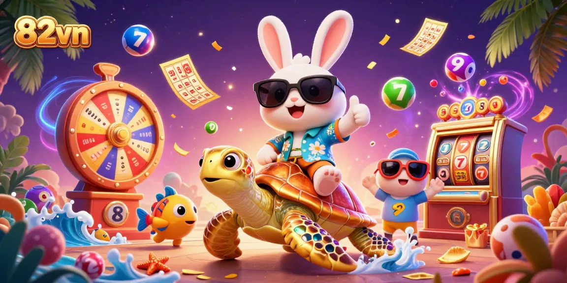 Engage in thrilling gameplay at 82vn, showcasing a lucky 3D rabbit and golden turtle amidst vibrant gaming symbols.