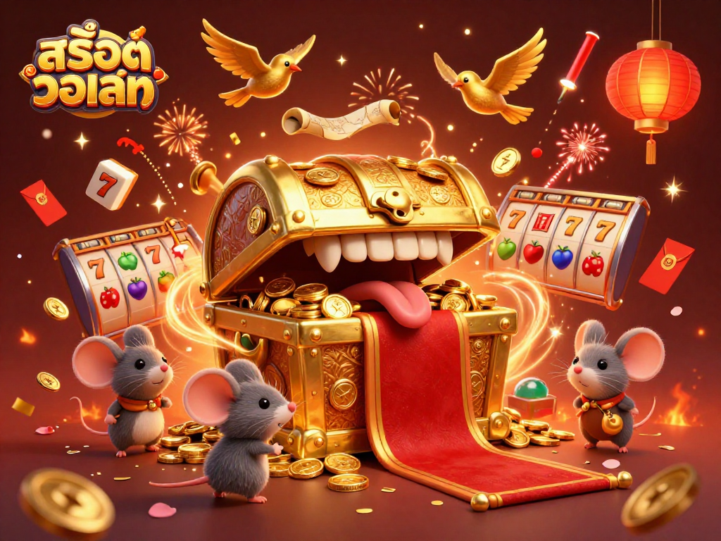Engage in สล็อตวอเลท games with a treasure chest mimic enticing adventurer mice amidst vibrant casino elements.