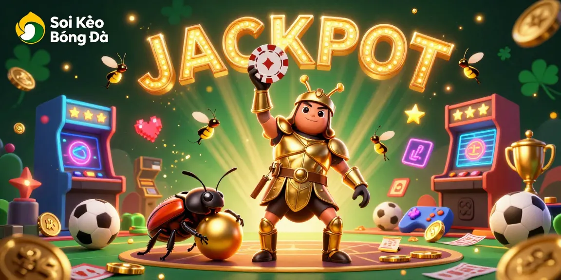Soi Kèo Bóng Đá display celebrating sports betting with 3D beetle characters in a vibrant casino scene.