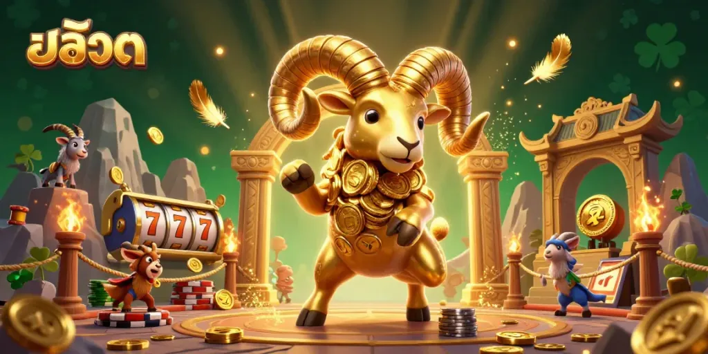 Spin the สล็อต reels in an exciting casino scene featuring golden characters and vibrant effects.