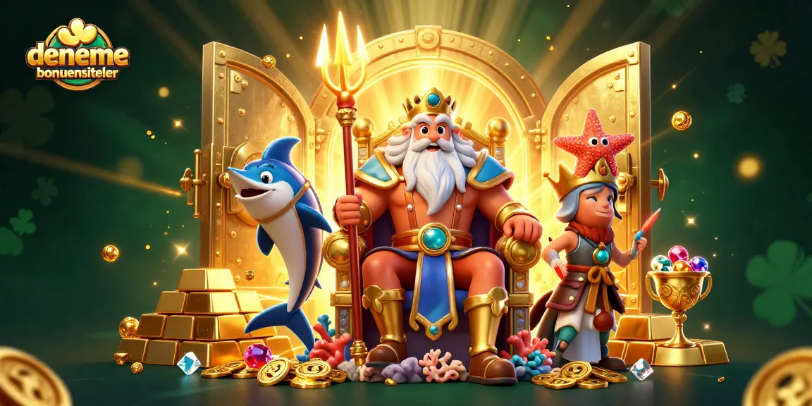 Engage with denemebonusuverensiteler's vibrant casino scene featuring Neptune surrounded by treasures.