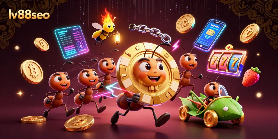 lv88seo showcases a thrilling heist with cartoon ants stealing a giant poker chip among casino elements.