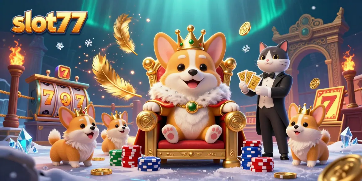 Experience winning at slot77 with a royal corgi surrounded by golden elements and slot features.