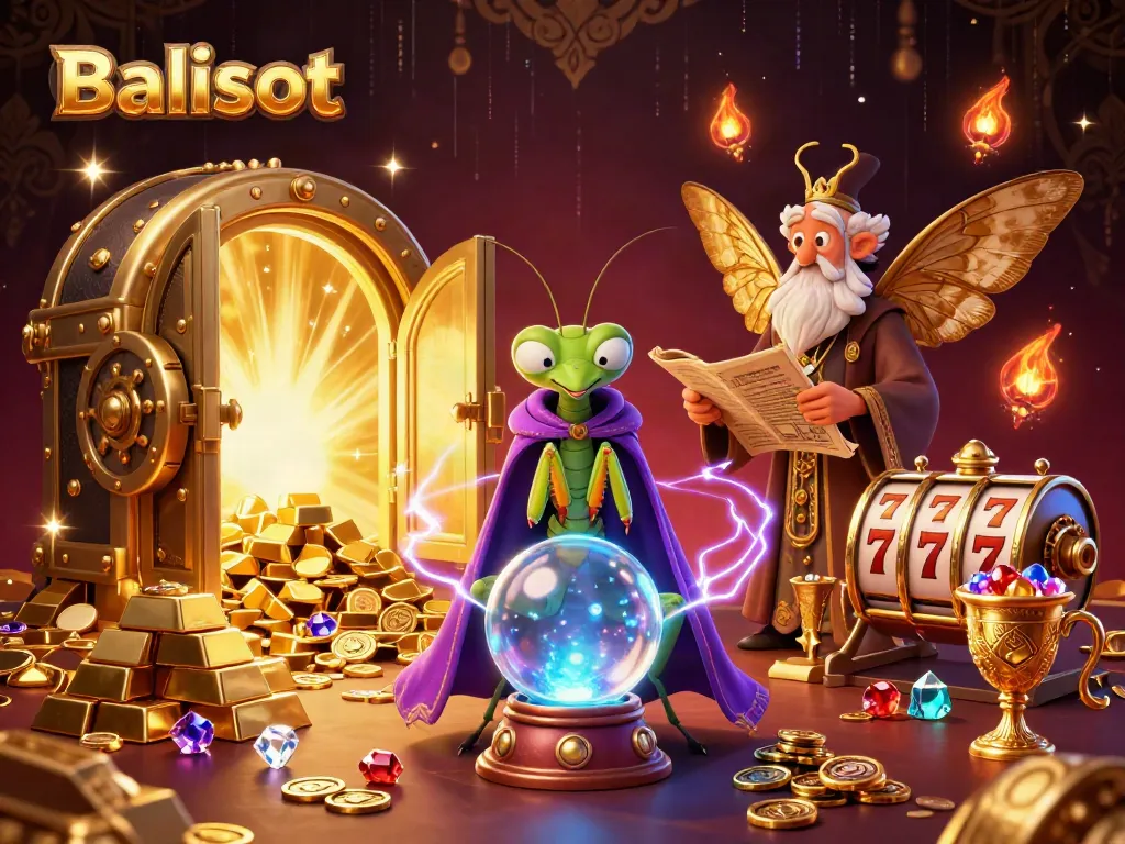 Engage with Balislot's thrilling world as a Fortune Teller peeks into a crystal ball surrounded by treasures & slot reels.