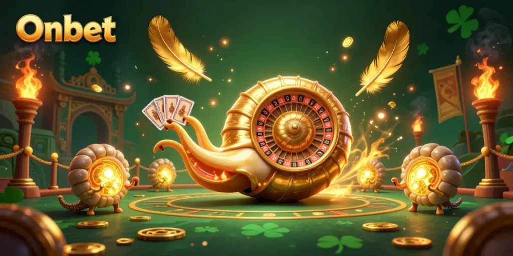 Experience Onbet's animated casino magic with a giant nautilus roulette wheel and glowing treasures.