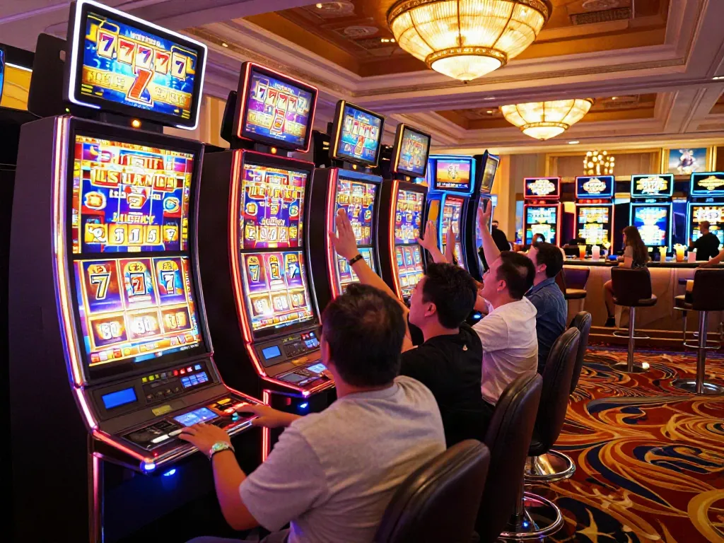 Players enjoying the Lucky777 slot machine with excitement and vibrant casino ambiance.