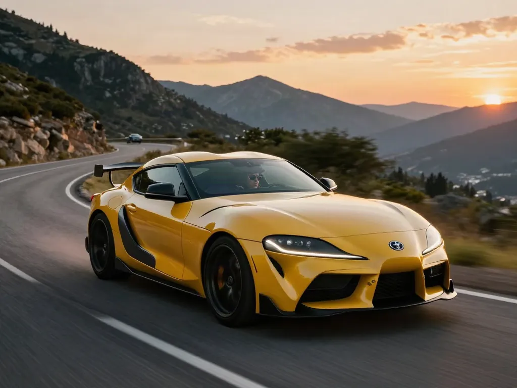 A80 platform Toyota Supra racing on a mountain road at sunset, evoking speed and adventure.