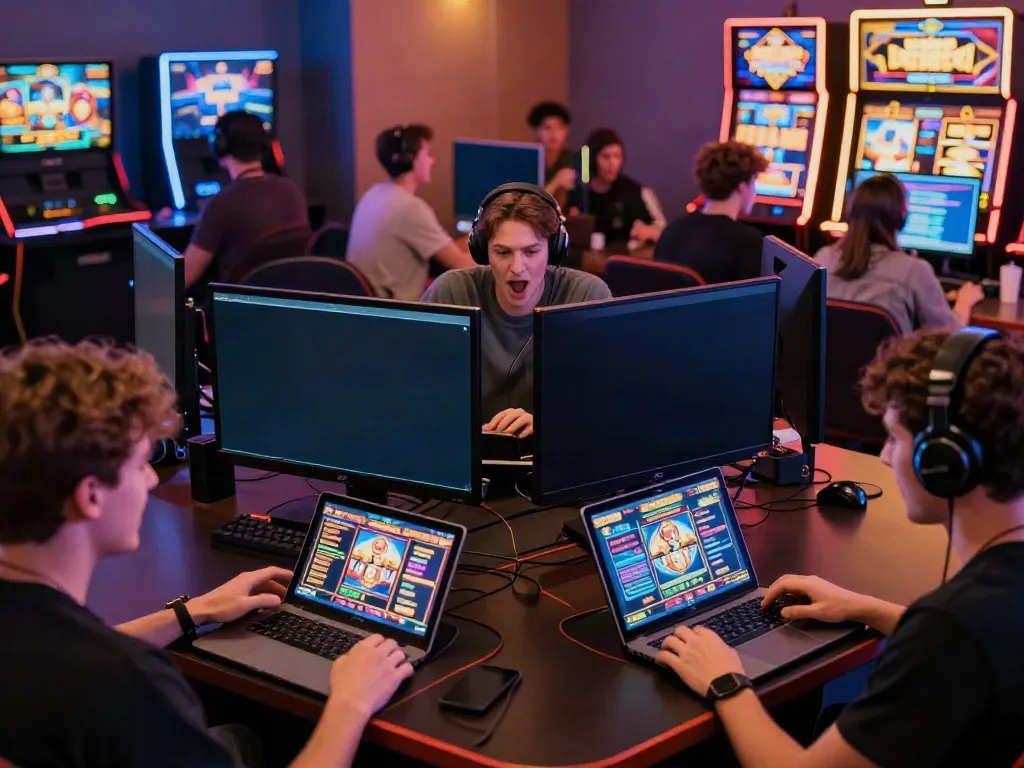 Bro138 gaming hub scene with players enjoying online slot games on various devices in a vibrant lounge atmosphere.