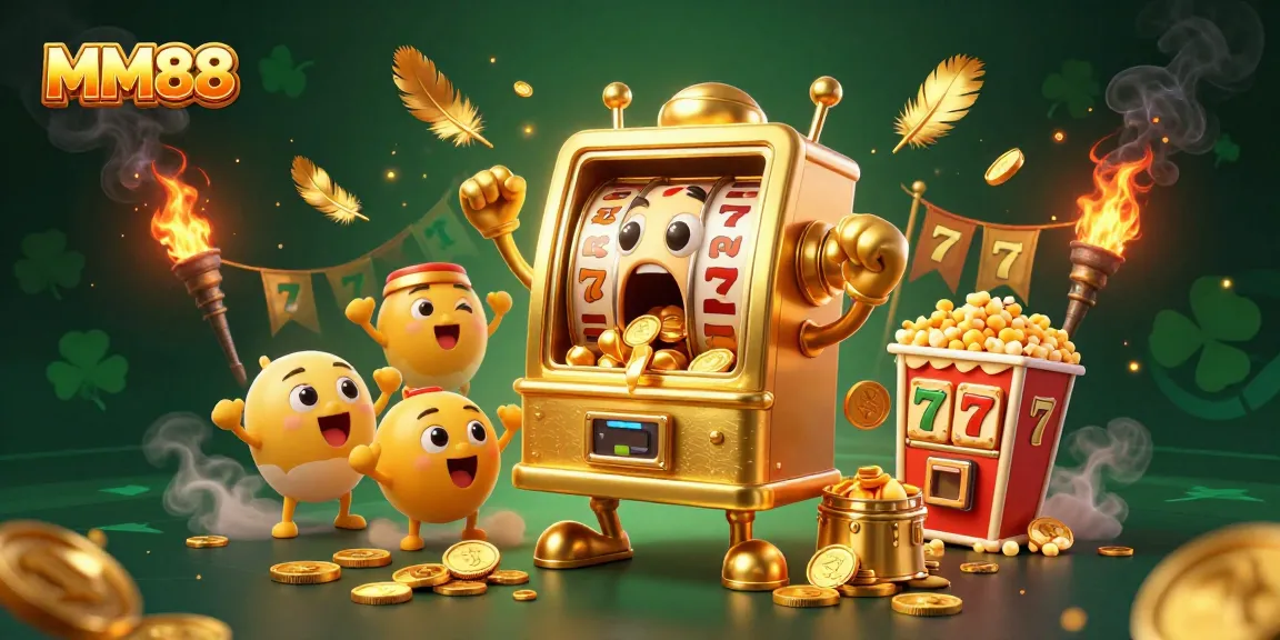 MM88 slot machine triumphing with jackpot wins, golden coins flying in a vibrant casino scene.
