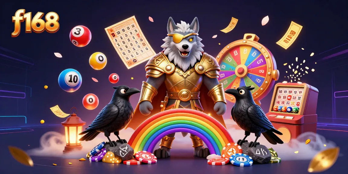 Experience the excitement of gaming at f168 with a vibrant illustration of Odin and his ravens amidst dynamic casino elements.