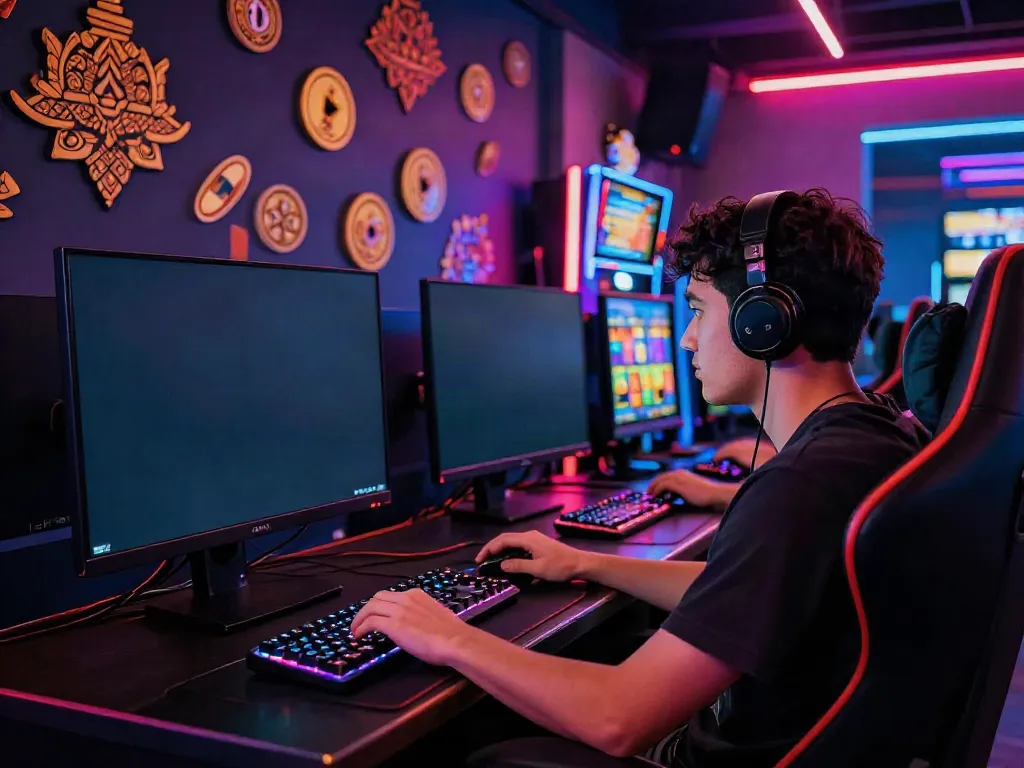 Engaging gaming environment depicting slot gacor thailand on screen with neon lights and Thai motifs.