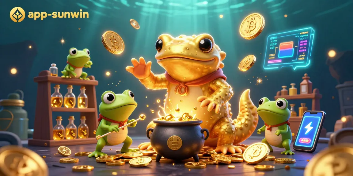 Win gold coins with app-sunwin in a vibrant casino scene featuring magical characters and crypto elements.
