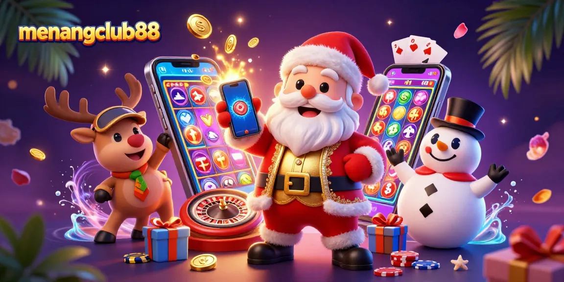 Win big with menangclub88 as Santa, a reindeer dealer, and a poker chip snowman celebrate in this 3D casino scene.