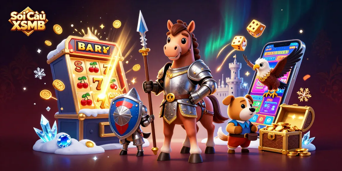 Soi Cầu XSMB features a medieval knight, squire puppy, and majestic falcon amidst dynamic casino elements, showcasing excitement in gambling.