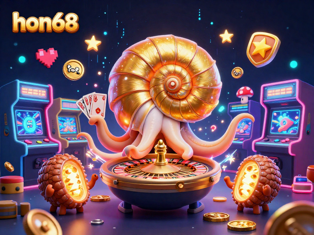 Experience thrilling gameplay at hon68 with a giant nautilus roulette wheel and glowing arcade elements.