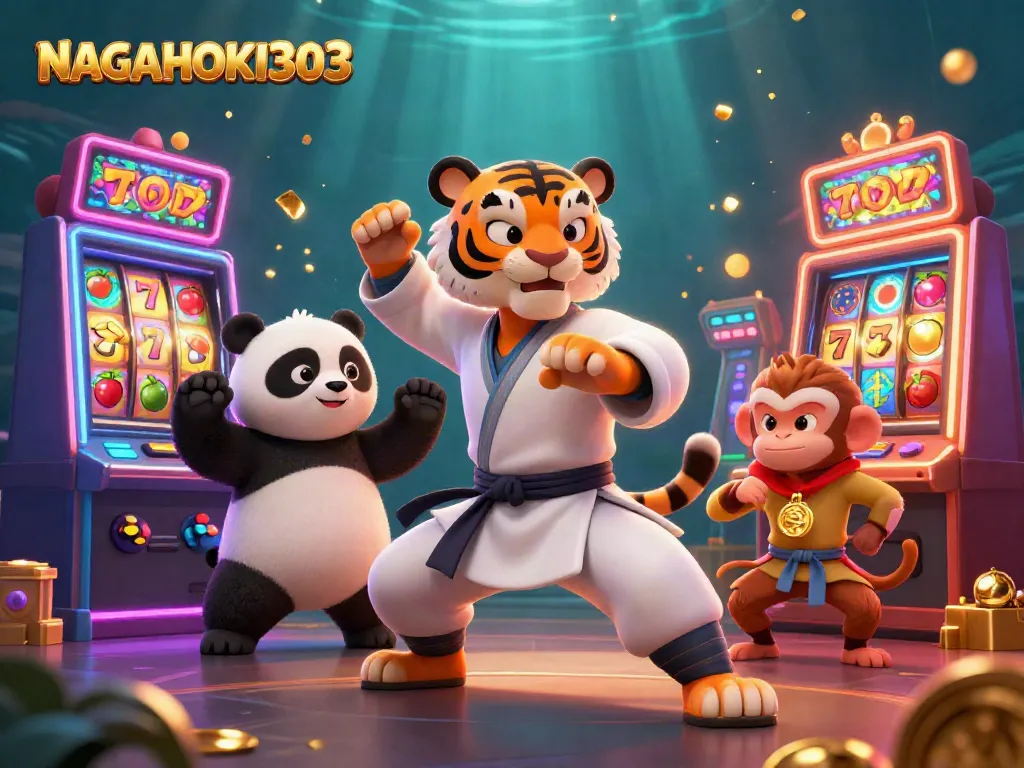 NAGAHOKI303 menampilkan singa kung fu, panda, dan monyet di kasino slot dengan keberuntungan.