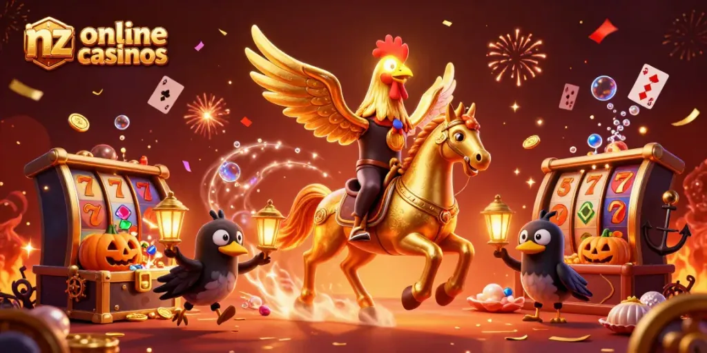 Experience the thrill of nz online casinos as a golden rooster rides through a vibrant casino scene.