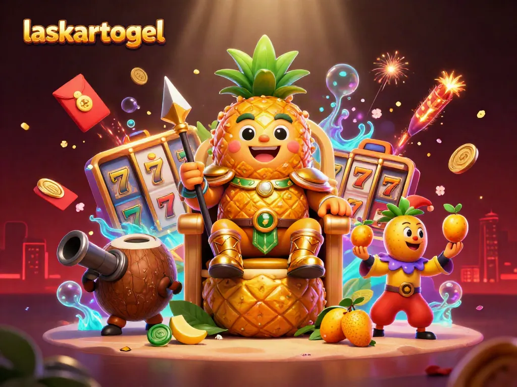 Experience the dynamic features of laskartogel with a rich illustration of a golden pineapple king and casino elements.