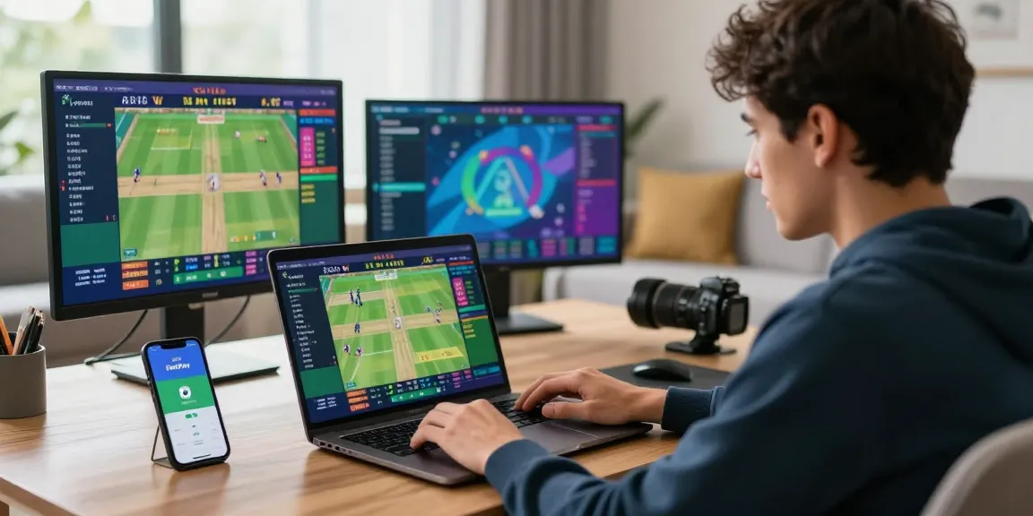 Engaged user placing bets through FairPlay login on laptop while enjoying live cricket action in a vibrant home setting.