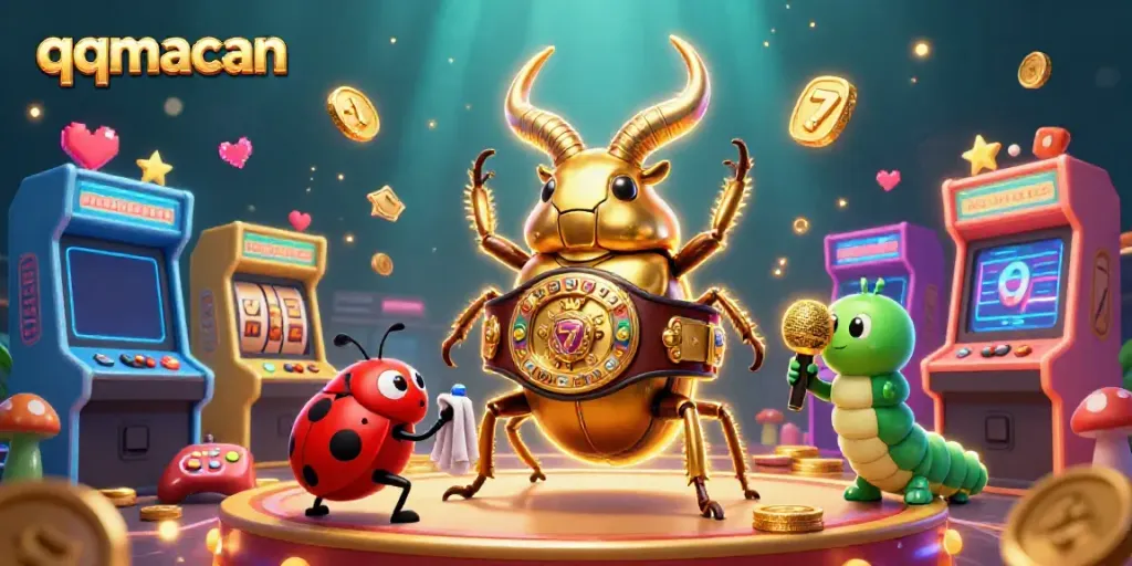 Engage with qqmacan's vibrant gaming environment featuring cartoon characters and lively slot machines.