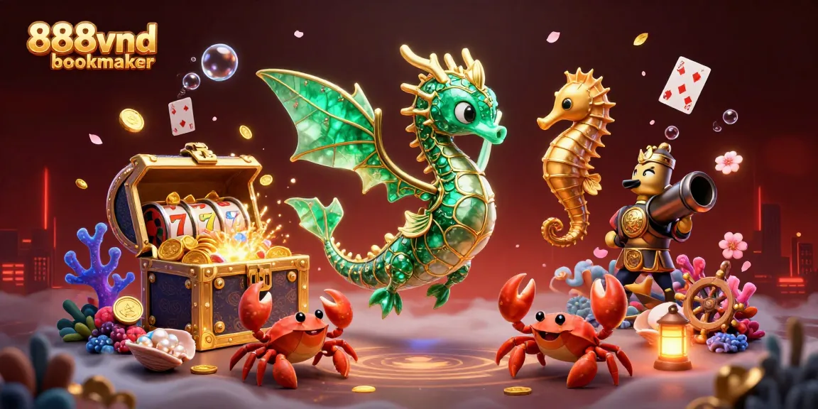 Get ready to win with the 888vnd bookmaker illustrated in a vibrant underwater casino scene filled with treasure!