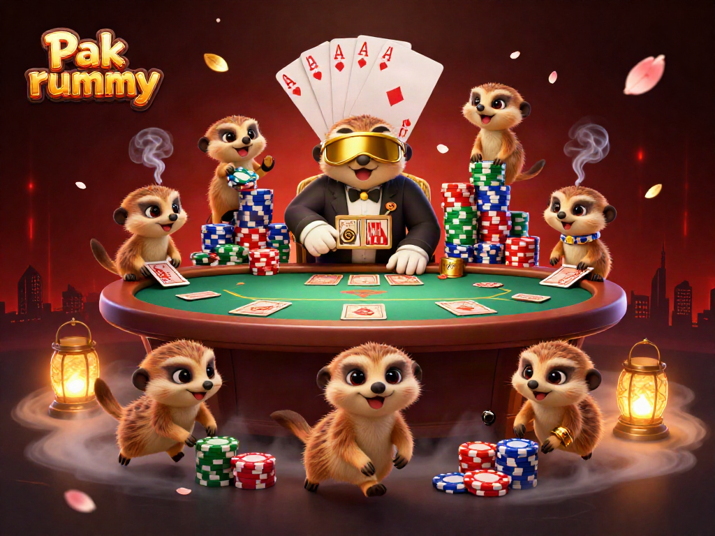 Engage in entertaining Pak rummy gameplay with meerkats running a lively casino scene.