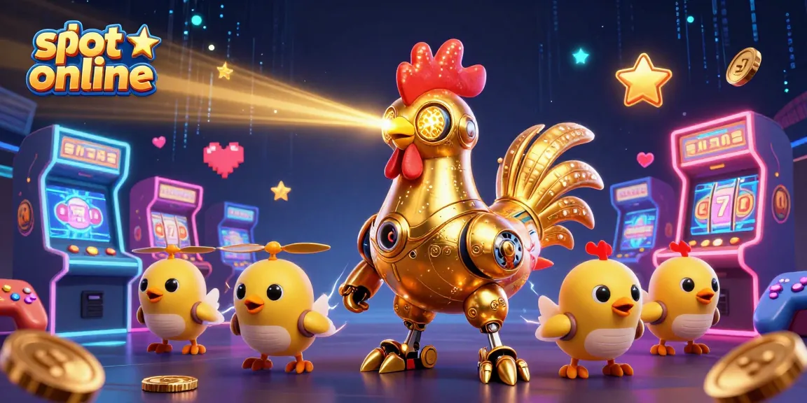 Jelajahi slot online dengan robot ayam emas futuristik dan mesin arcade berwarna-warni.