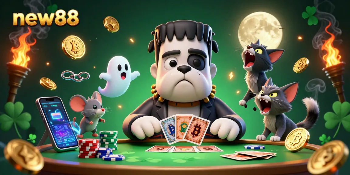 Experience thrilling card games at new88 with a captivating 3D scene featuring a whimsical bulldog dealer.