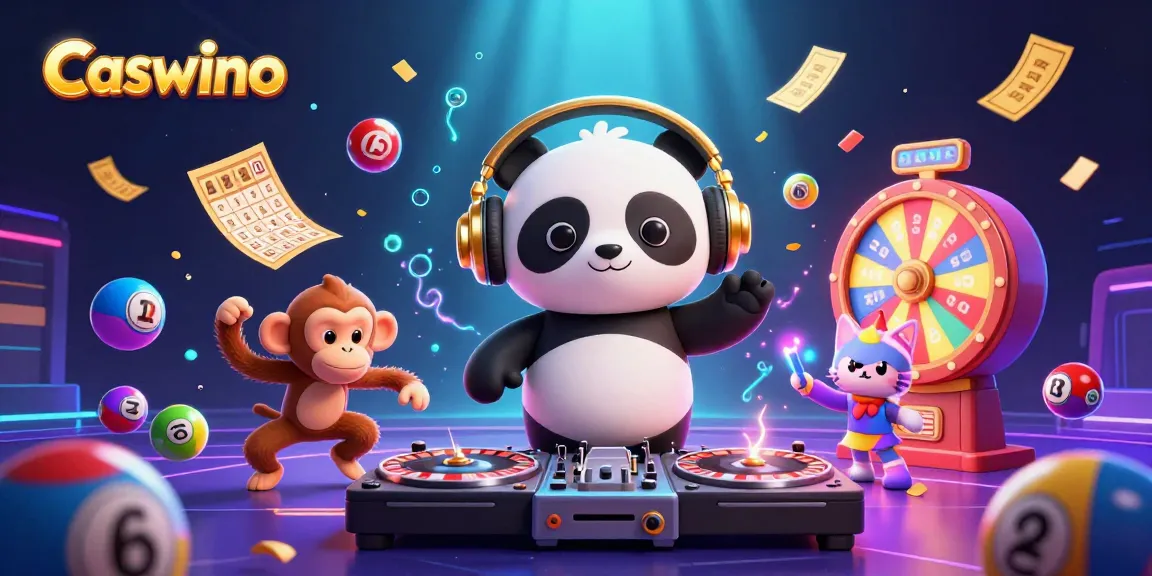 Caswino gaming scene featuring DJ panda, breakdancing monkey, and glow-stick kitten amidst vibrant slot game elements.