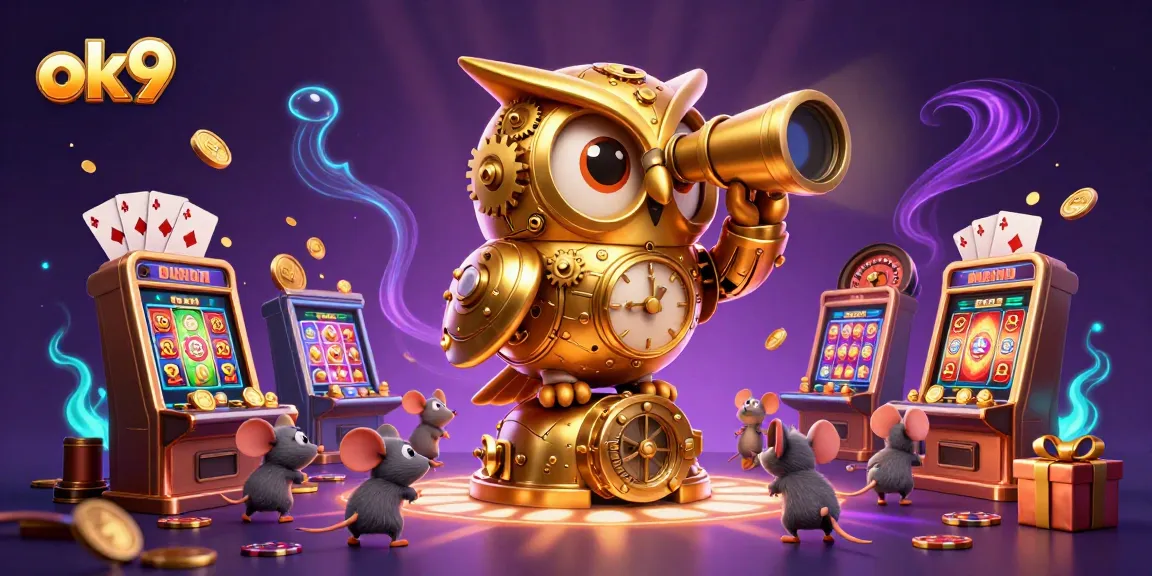 Spin the reels at ok9’s vibrant casino scene with a golden owl and animated mice!