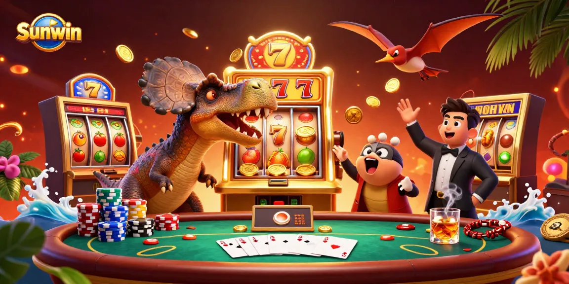 Experience Sunwin's slots with a pachycephalosaurus winning jackpot coins, surrounded by vibrant casino elements.