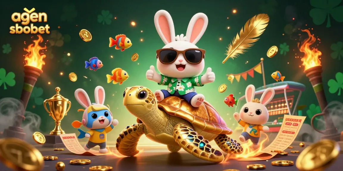 Engage with agen sbobet through lively sports betting visuals featuring a cheerful rabbit and a golden sea turtle.